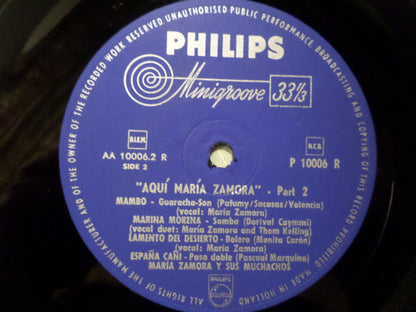 Maria Zamora Y Sus Muchachos : Aqui Maria Zamora (10", Album, Mono)