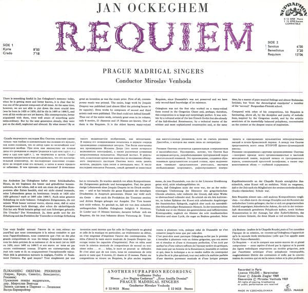 Johannes Ockeghem, Prague Madrigal Singers Cond. Miroslav Venhoda : Requiem (LP, M/Print, RE, RP, Blu)