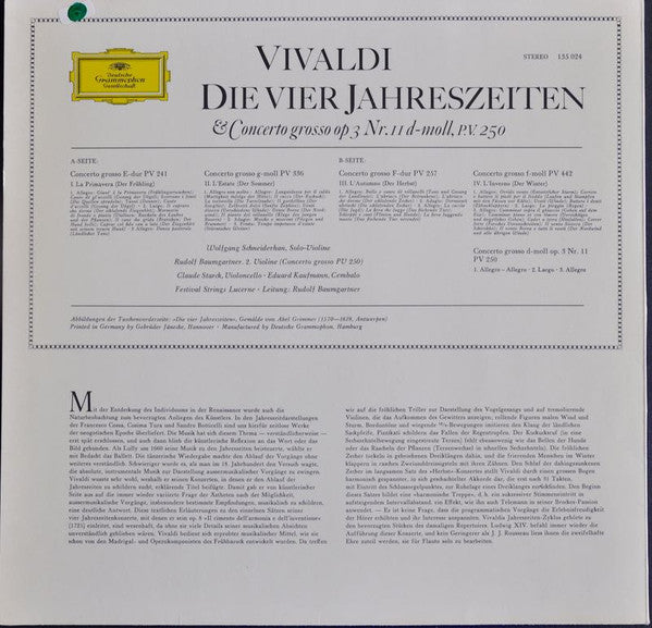 Antonio Vivaldi, Festival Strings Lucerne, Rudolf Baumgartner : Die Vier Jahreszeiten & Concerto Grosso Op. 3 No. 11 D-Moll, P.V. 250 (LP, RP)