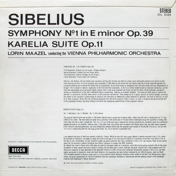 Jean Sibelius, Lorin Maazel, Wiener Philharmoniker : Symphony № 1 / Karelia Suite (LP, RP)