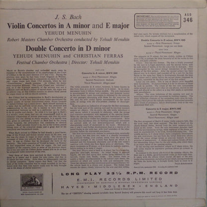 Johann Sebastian Bach - Yehudi Menuhin, Christian Ferras, Robert Masters Chamber Orchestra : Violin Concertos (LP, RP)