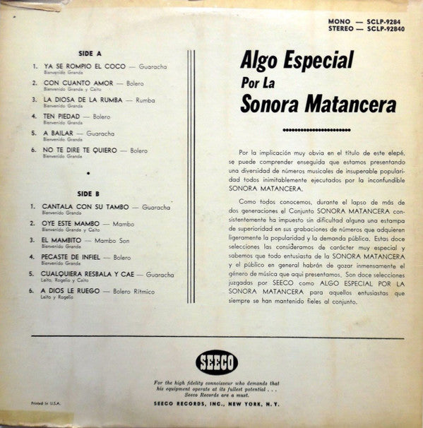 La Sonora Matancera : Algo Especial Por La Sonora Matancera (LP, Album)