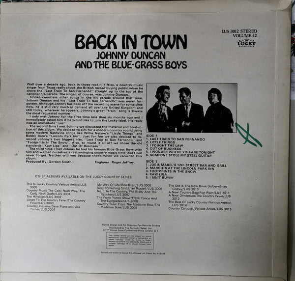 Johnny Duncan & His Blue Grass Boys : Back In Town (LP, Album)
