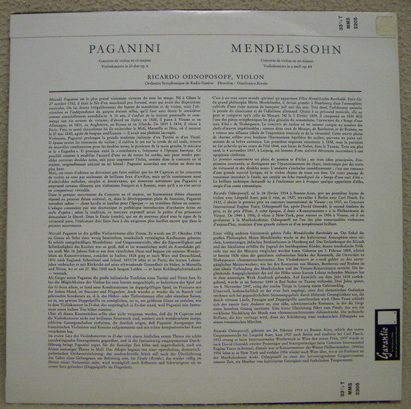 Felix Mendelssohn-Bartholdy / Niccolò Paganini - Ricardo Odnoposoff, Symphonie Orchester Radio Genf Direction: Gianfranco Rivoli : Concertos de Violon = Violinkonzert (LP, Mono)