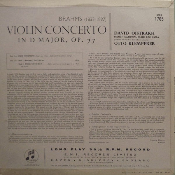 Johannes Brahms - David Oistrach, Otto Klemperer, Orchestre National De France : Violin Concerto (LP, Mono)