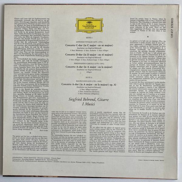 Antonio Vivaldi • Fernando Carulli • Mauro Giuliani (2) - Siegfried Behrend • I Musici : Altitalienische Gitarrenkonzerte (LP, RP)