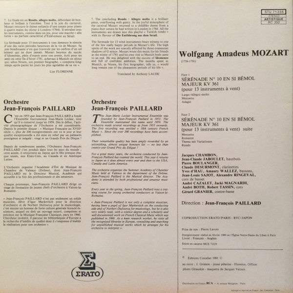 Wolfgang Amadeus Mozart, Orchestre De Chambre Jean-François Paillard : Serenade KV 361 Pour 13 Instruments À Vent (LP, Album)