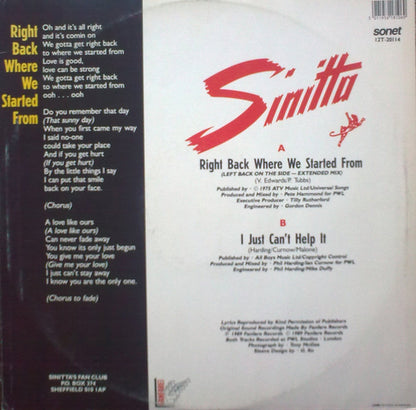 Sinitta : Right Back Where We Started From (Left Back On The Side Mix) (12")