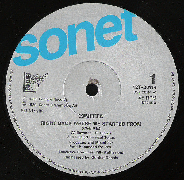 Sinitta : Right Back Where We Started From (Left Back On The Side Mix) (12")