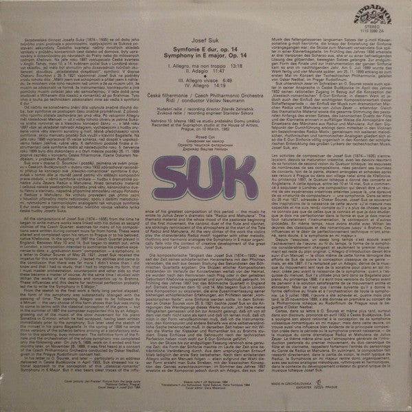 Josef Suk (2) - The Czech Philharmonic Orchestra, Václav Neumann : Symphony In E Major (LP, Album)