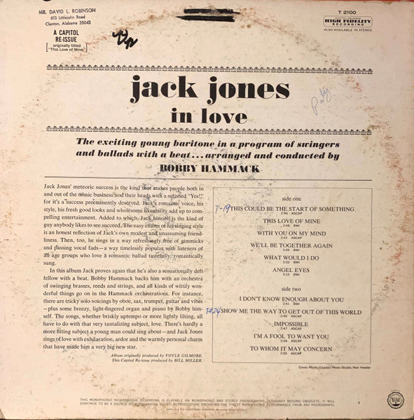 Jack Jones : In Love (LP, Album, Mono, RE)