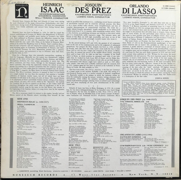 Heinrich Isaac / Josquin Des Prés / Roland de Lassus : Missa Carminum / Ave Christe / Motets (LP)