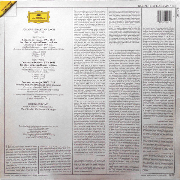 Johann Sebastian Bach, Douglas Boyd, The Chamber Orchestra Of Europe : Oboenkonzerte BWV 1053 - 1055 - 1059 (LP, Album)