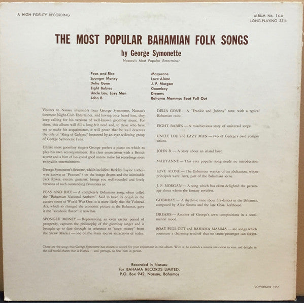 George Symonette : Goombay - The Folk Songs Of The Bahamas (LP, Album, Mono)