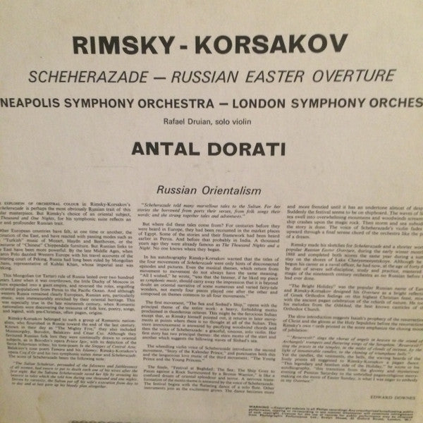 Nikolai Rimsky-Korsakov, Rafael Druian, Antal Dorati, Minneapolis Symphony Orchestra, London Symphony Orchestra : Scheherazade, Russian Easter Overture (LP, Mono, RE)