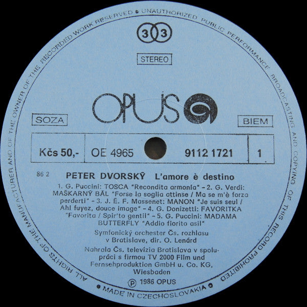Peter Dvorský, Slovak Radio Symphony Orchestra, Slovak Opera Chorus : L'amore È Destino (LP, Blu)