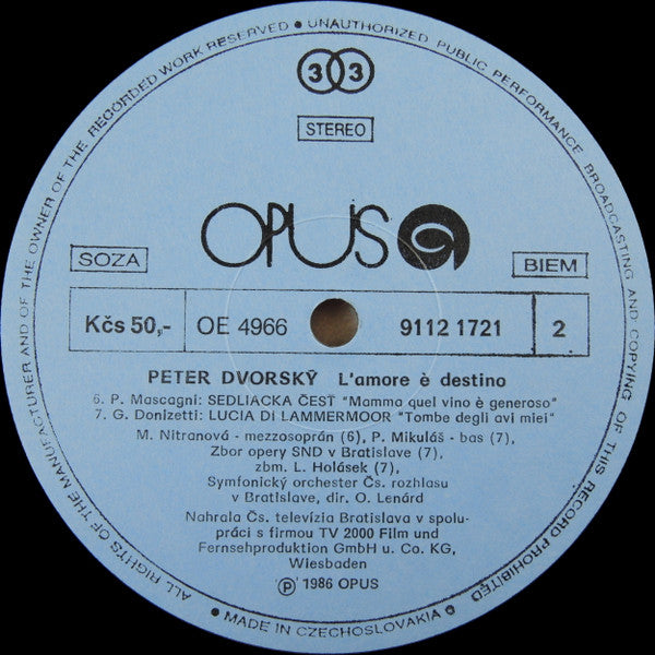 Peter Dvorský, Slovak Radio Symphony Orchestra, Slovak Opera Chorus : L'amore È Destino (LP, Blu)