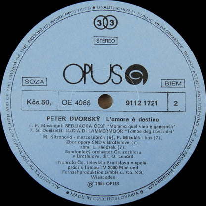 Peter Dvorský, Slovak Radio Symphony Orchestra, Slovak Opera Chorus : L'amore È Destino (LP, Blu)