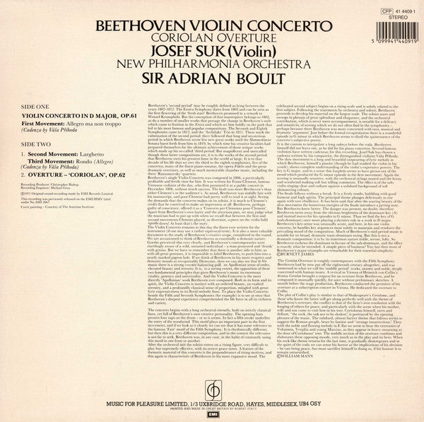 Ludwig van Beethoven / Josef Suk, New Philharmonia Orchestra, Sir Adrian Boult : Violin Concerto, Coriolan Overture (LP)