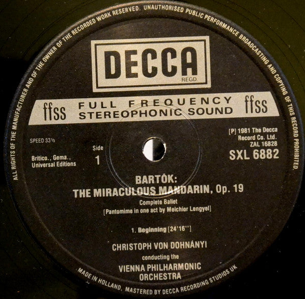 Béla Bartók, Christoph von Dohnányi, Wiener Philharmoniker : The Miraculous Mandarin; Two Portraits (LP)