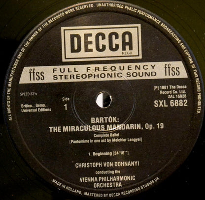 Béla Bartók, Christoph von Dohnányi, Wiener Philharmoniker : The Miraculous Mandarin; Two Portraits (LP)