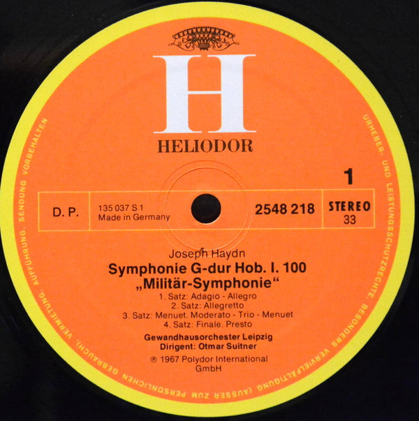 Joseph Haydn, Gewandhausorchester Leipzig, Otmar Suitner : Militär-Symphonie / Die Uhr (LP, RE)