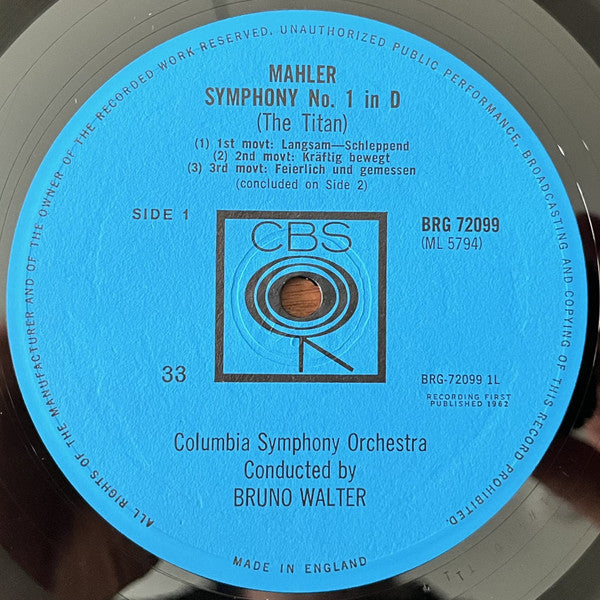 Bruno Walter Conducts Gustav Mahler - Columbia Symphony Orchestra : Symphony No. 1 In D "The Titan" (LP)