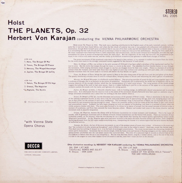 Gustav Holst, Herbert von Karajan, Wiener Philharmoniker : The Planets (LP, RP, ED4)