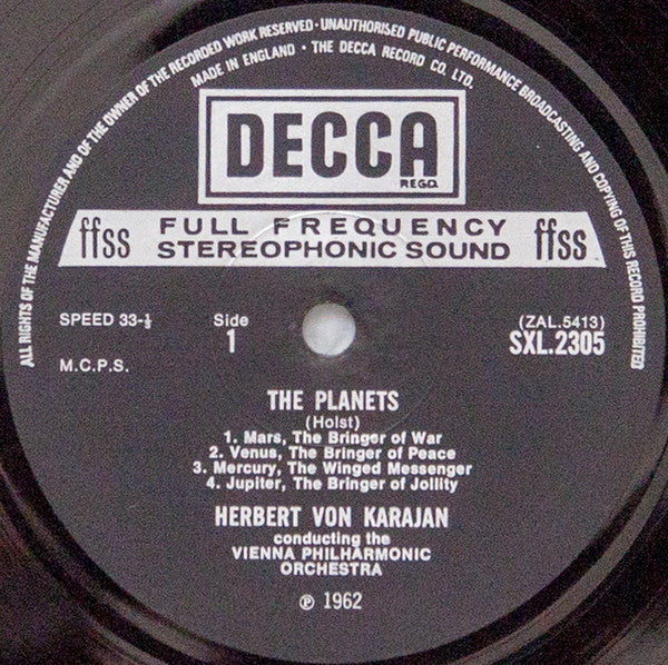 Gustav Holst, Herbert von Karajan, Wiener Philharmoniker : The Planets (LP, RP, ED4)