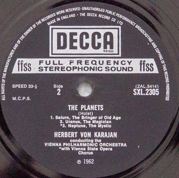 Gustav Holst, Herbert von Karajan, Wiener Philharmoniker : The Planets (LP, RP, ED4)