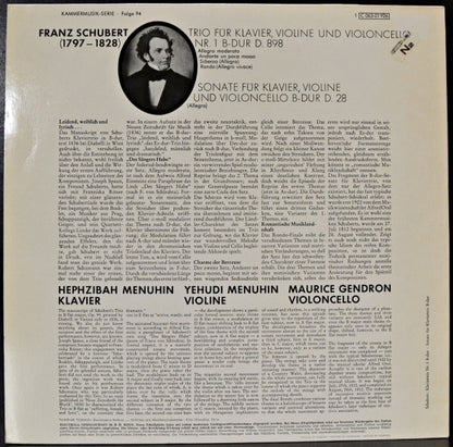 Franz Schubert - Yehudi Menuhin, Hephzibah Menuhin, Maurice Gendron : Trio Für Klavier, Violine Und Violoncello Nr. 1 B-dur D.898 / Sonate Für Klavier, Violine Und Violoncello B-dur D.28 (LP)