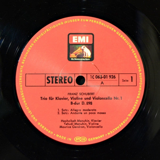 Franz Schubert - Yehudi Menuhin, Hephzibah Menuhin, Maurice Gendron : Trio Für Klavier, Violine Und Violoncello Nr. 1 B-dur D.898 / Sonate Für Klavier, Violine Und Violoncello B-dur D.28 (LP)