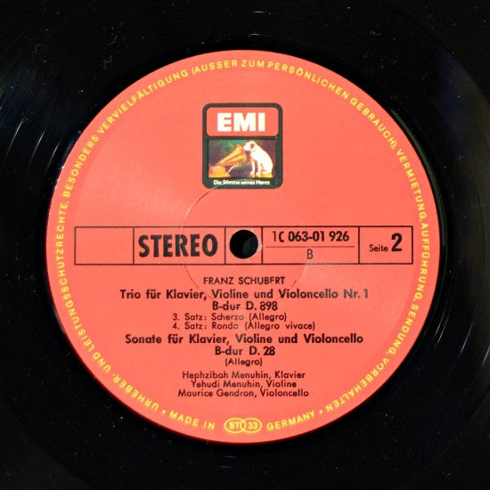 Franz Schubert - Yehudi Menuhin, Hephzibah Menuhin, Maurice Gendron : Trio Für Klavier, Violine Und Violoncello Nr. 1 B-dur D.898 / Sonate Für Klavier, Violine Und Violoncello B-dur D.28 (LP)