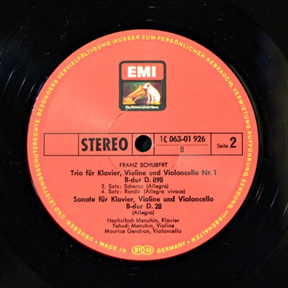 Franz Schubert - Yehudi Menuhin, Hephzibah Menuhin, Maurice Gendron : Trio Für Klavier, Violine Und Violoncello Nr. 1 B-dur D.898 / Sonate Für Klavier, Violine Und Violoncello B-dur D.28 (LP)