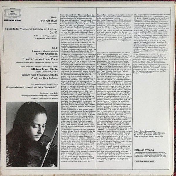 Jean Sibelius / Ernest Chausson, René Defossez, Miriam Fried, Orchestre Symphonique De La Radiodiffusion Nationale Belge, Bruxelles, Gisèle Demoulin : Violin Concerto/ Poème Op. 25 (LP, RE)