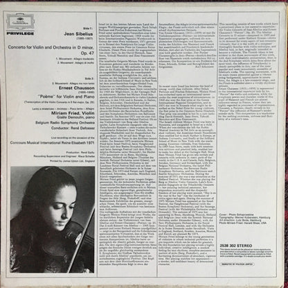 Jean Sibelius / Ernest Chausson, René Defossez, Miriam Fried, Orchestre Symphonique De La Radiodiffusion Nationale Belge, Bruxelles, Gisèle Demoulin : Violin Concerto/ Poème Op. 25 (LP, RE)