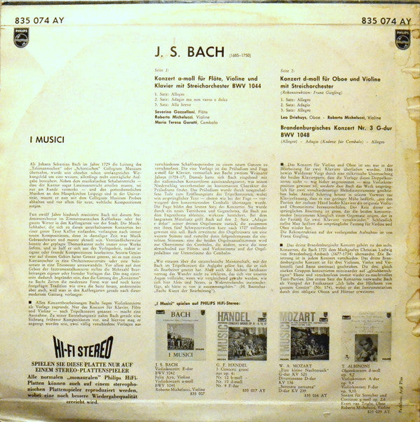 Johann Sebastian Bach, I Musici : Concerto For Flute, Violin / Concerto For Oboe And Violin / Brandenburg Concerto No. 3 (LP)