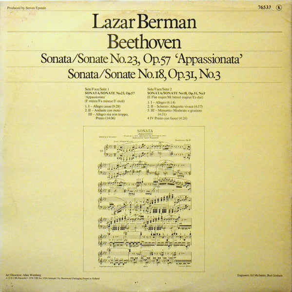 Lazar Berman - Ludwig van Beethoven : Sonata No. 23, Op. 57 (Appassionata) / Sonata No. 18, Op. 31, No. 3 (LP)