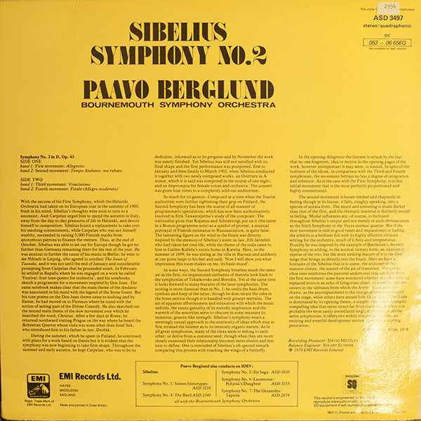 Jean Sibelius / Bournemouth Symphony Orchestra Conducted By Paavo Berglund : Symphony No. 2 (LP, Album, Quad)