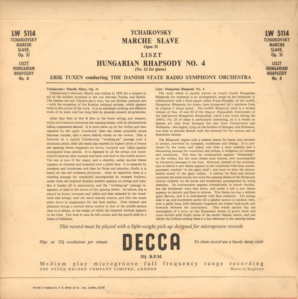 Erik Tuxen Conducting Statsradiofoniens Symfoniorkester : Tchaikovsky March Slave, Op. 31 - Liszt Hungarian Rhapsody No. 4 (10", Mono)