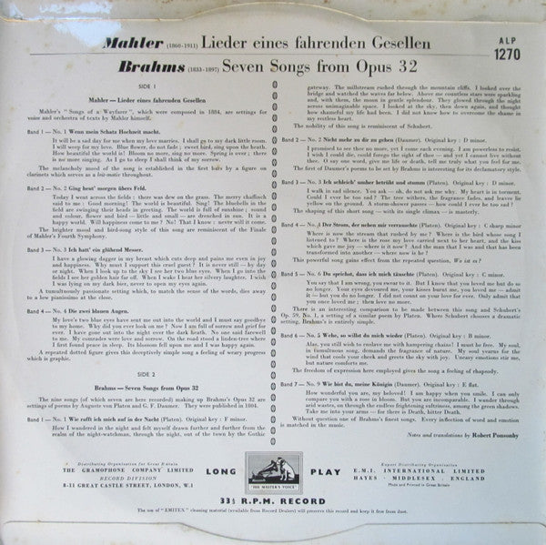 Dietrich Fischer-Dieskau - Gustav Mahler / Johannes Brahms - Philharmonia Orchestra Conducted By Wilhelm Furtwängler With Hertha Klust : Lieder Eines Fahrenden Gesellen / Seven Songs From Opus 32 (LP, Album, Mono)