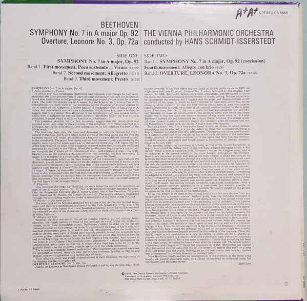 Ludwig van Beethoven, Hans Schmidt-Isserstedt, Wiener Philharmoniker : Symphony No. 7 / Leonore Overture No. 3 (LP)