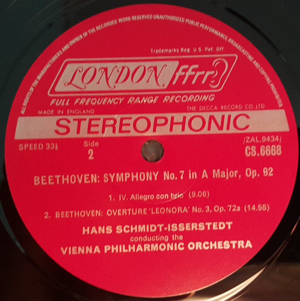 Ludwig van Beethoven, Hans Schmidt-Isserstedt, Wiener Philharmoniker : Symphony No. 7 / Leonore Overture No. 3 (LP)