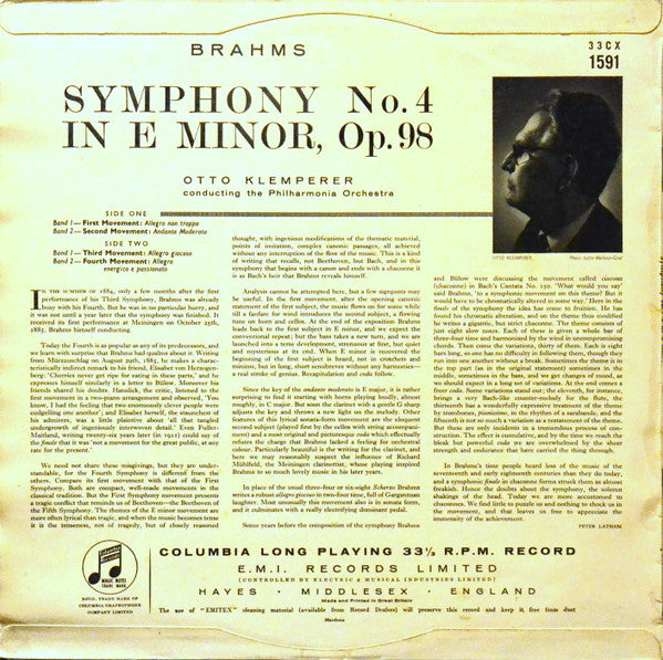 Johannes Brahms • Otto Klemperer • Philharmonia Orchestra : Symphony No.4 In E Minor (LP, Mono)