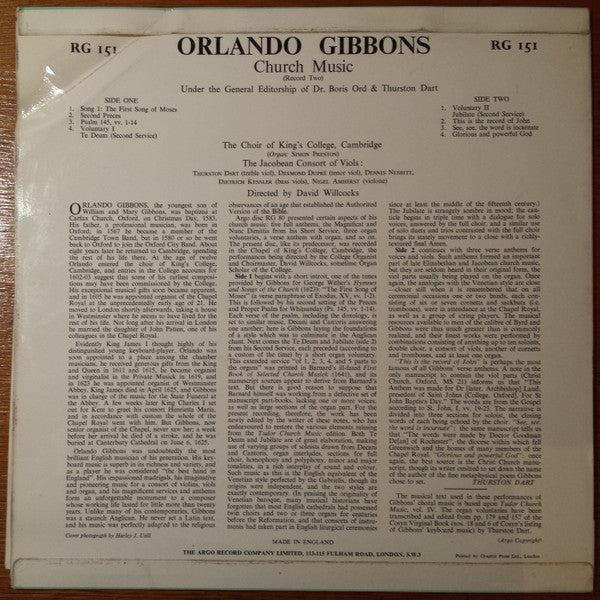 Orlando Gibbons / The King's College Choir Of Cambridge Directed By David Willcocks : Tudor Church Music - Record Two (LP, Mono)