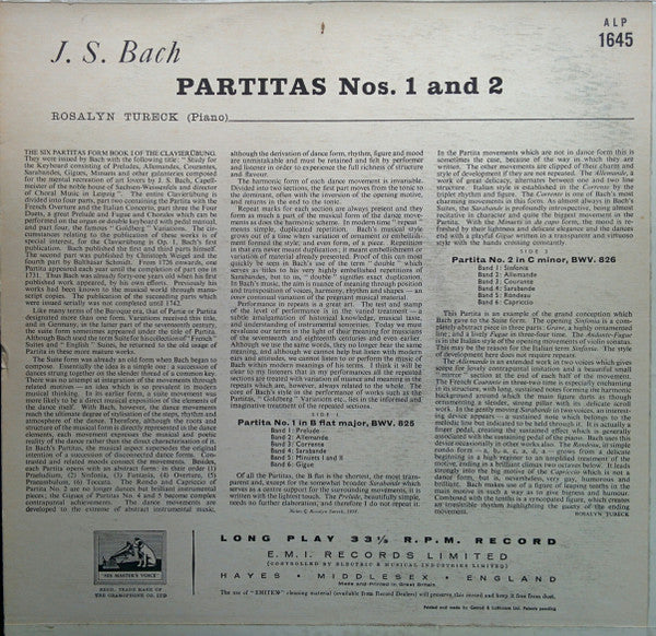 Rosalyn Tureck, Johann Sebastian Bach : Partitas Nos. 1 And 2 (LP, Album, Mono)