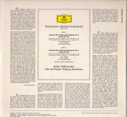 Wolfgang Amadeus Mozart - Berliner Philharmoniker, Wolfgang Schneiderhan : Violinkonzerte Nr. 2 D-Dur KV 211 / Nr. 3 G-Dur KV 216 (LP)