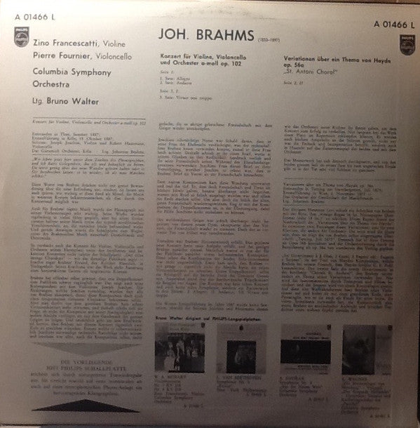 Johannes Brahms - Zino Francescatti, Pierre Fournier, Bruno Walter Conduction The Columbia Symphony Orchestra : Double Concerto / Haydn Variations (LP, Mono)