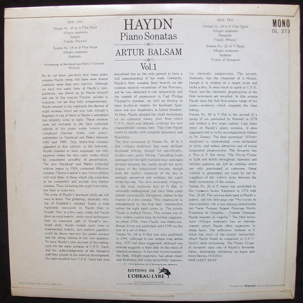 Joseph Haydn, Arthur Balsam : Piano Sonatas Vol.1 (LP, Mono)