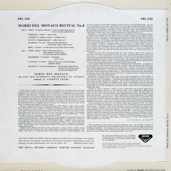 Mario Del Monaco, The New Symphony Orchestra Of London, Alberto Erede : Great Tenor Arias (LP, ED1)